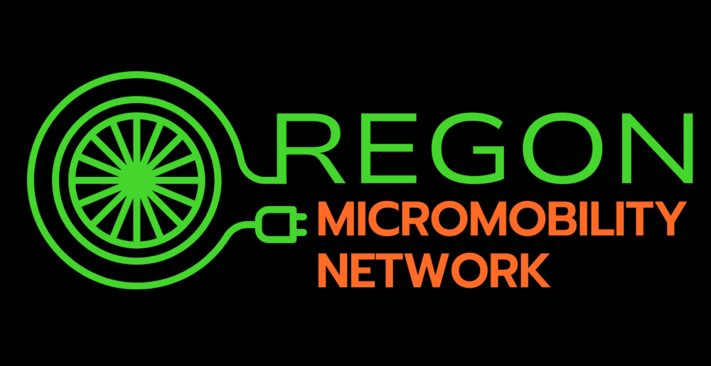 Black background words Oregon Micromobility Network in Neon Green and Orange