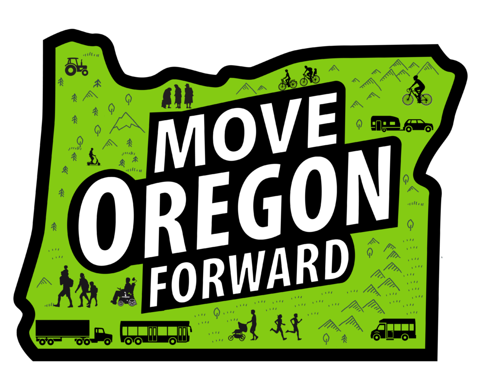 Green Oregon Map OUtline with words "move Oregon forward" in bold, transportation iconopgrapjy